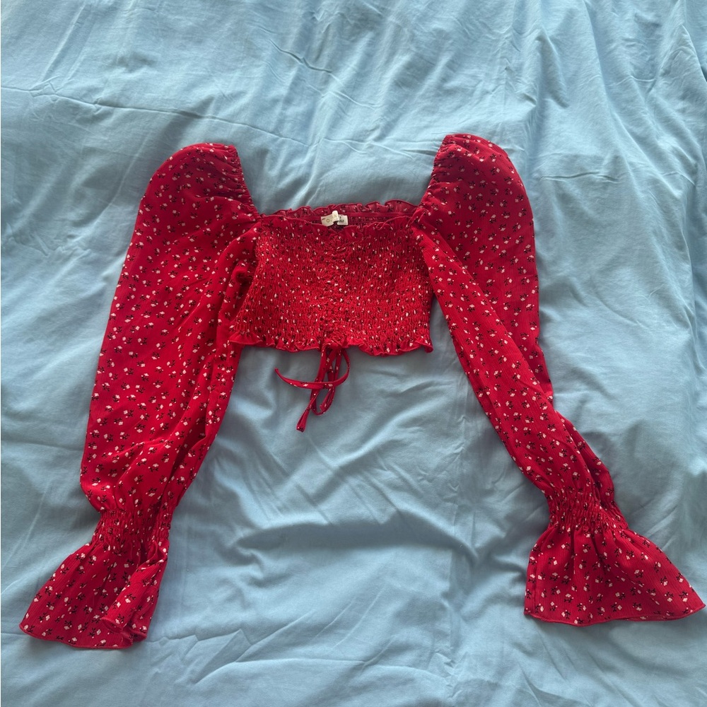 Red Floral Smocked Crop Top
